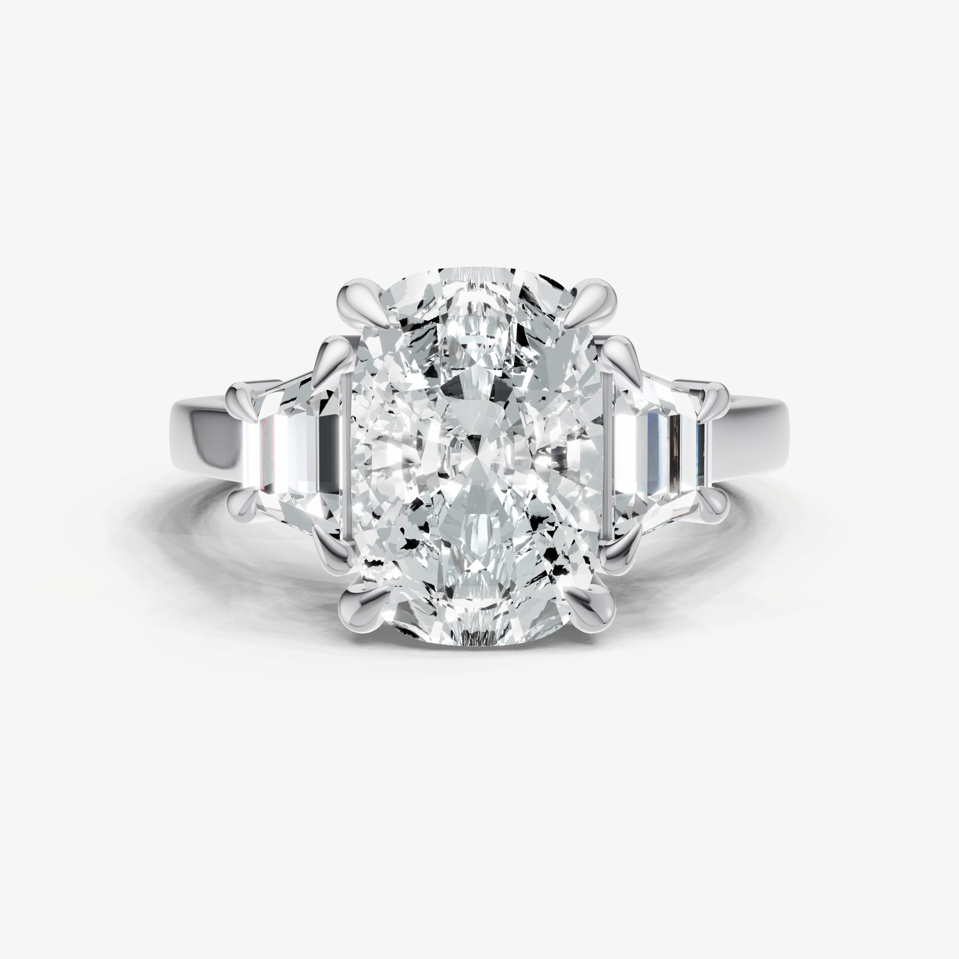 Elongated Cushion Trilogy Engagement Ring Set with Trapezoid Side Diamonds
