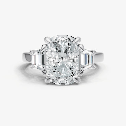 Elongated Cushion Trilogy Engagement Ring Set with Trapezoid Side Diamonds