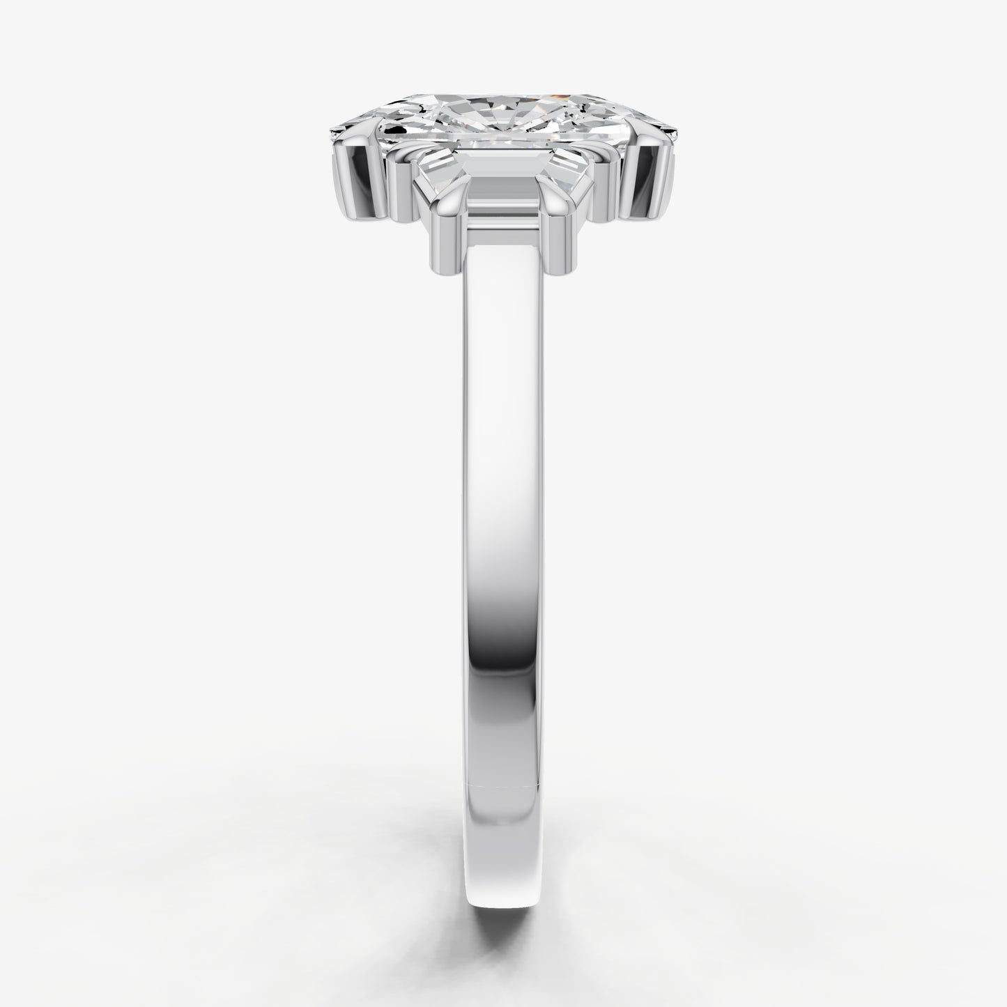 Elongated Cushion Trilogy Engagement Ring Set with Trapezoid Side Diamonds