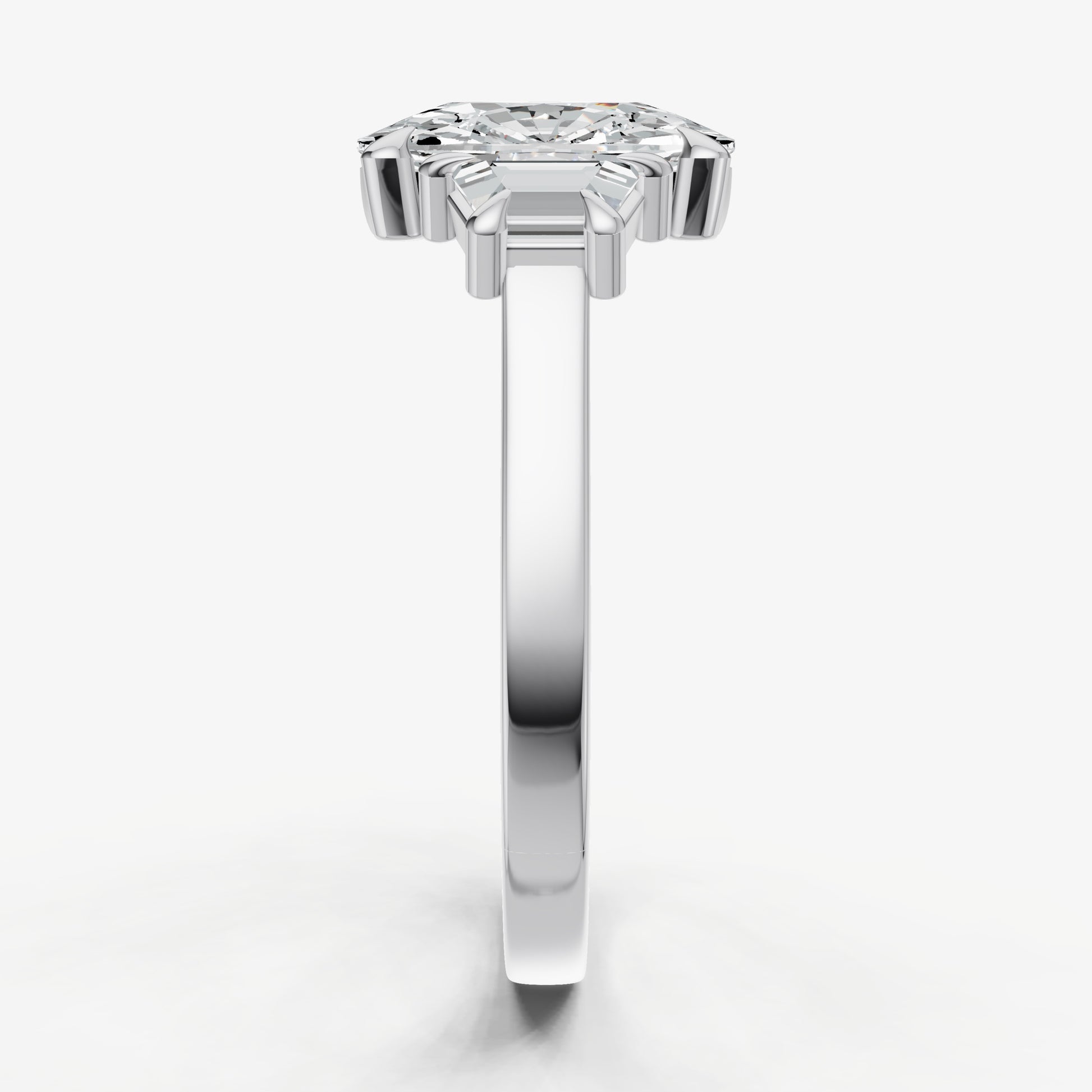 Elongated Cushion Trilogy Engagement Ring Set with Trapezoid Side Diamonds