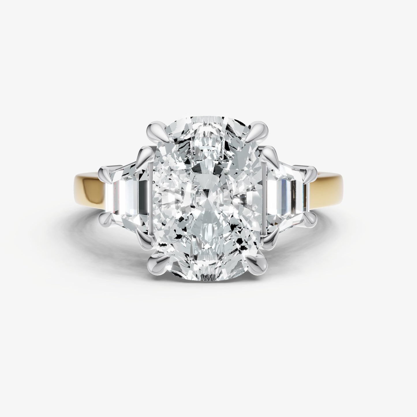 Elongated Cushion Trilogy Engagement Ring Set with Trapezoid Side Diamonds