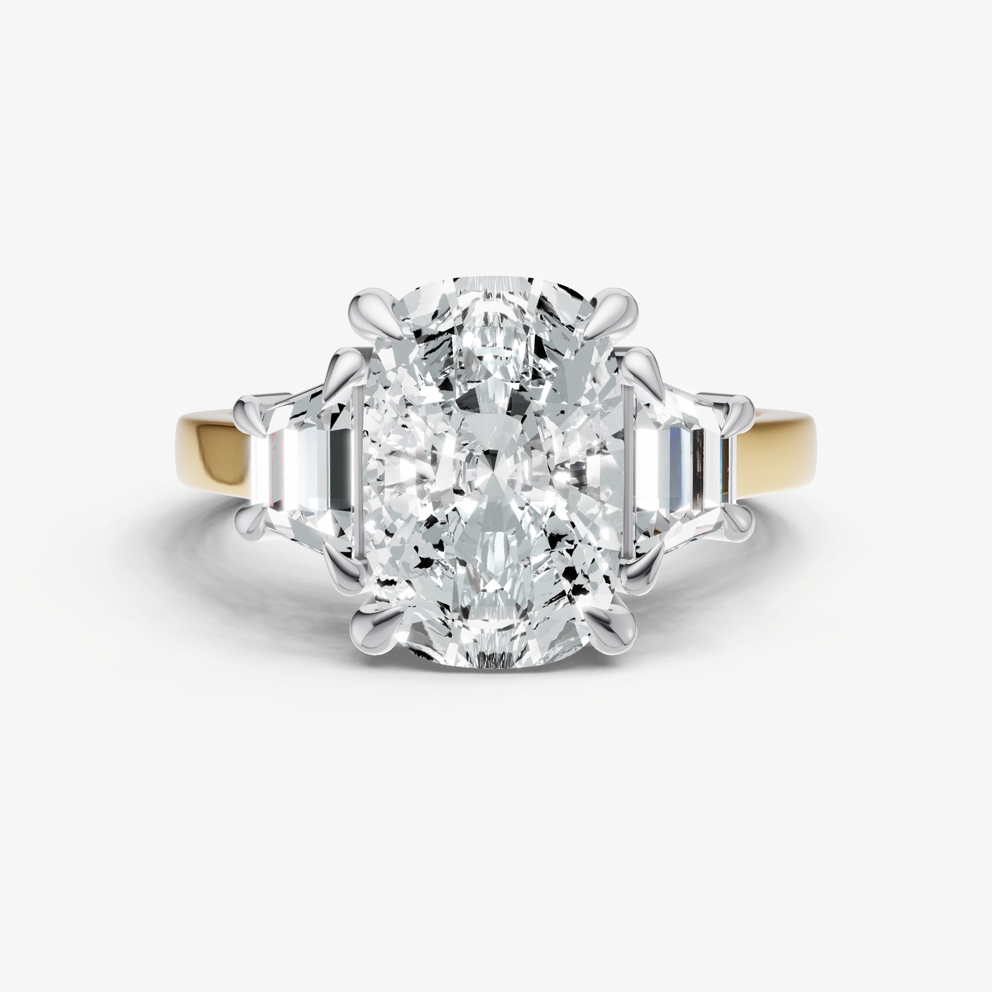 Elongated Cushion Trilogy Engagement Ring Set with Trapezoid Side Diamonds