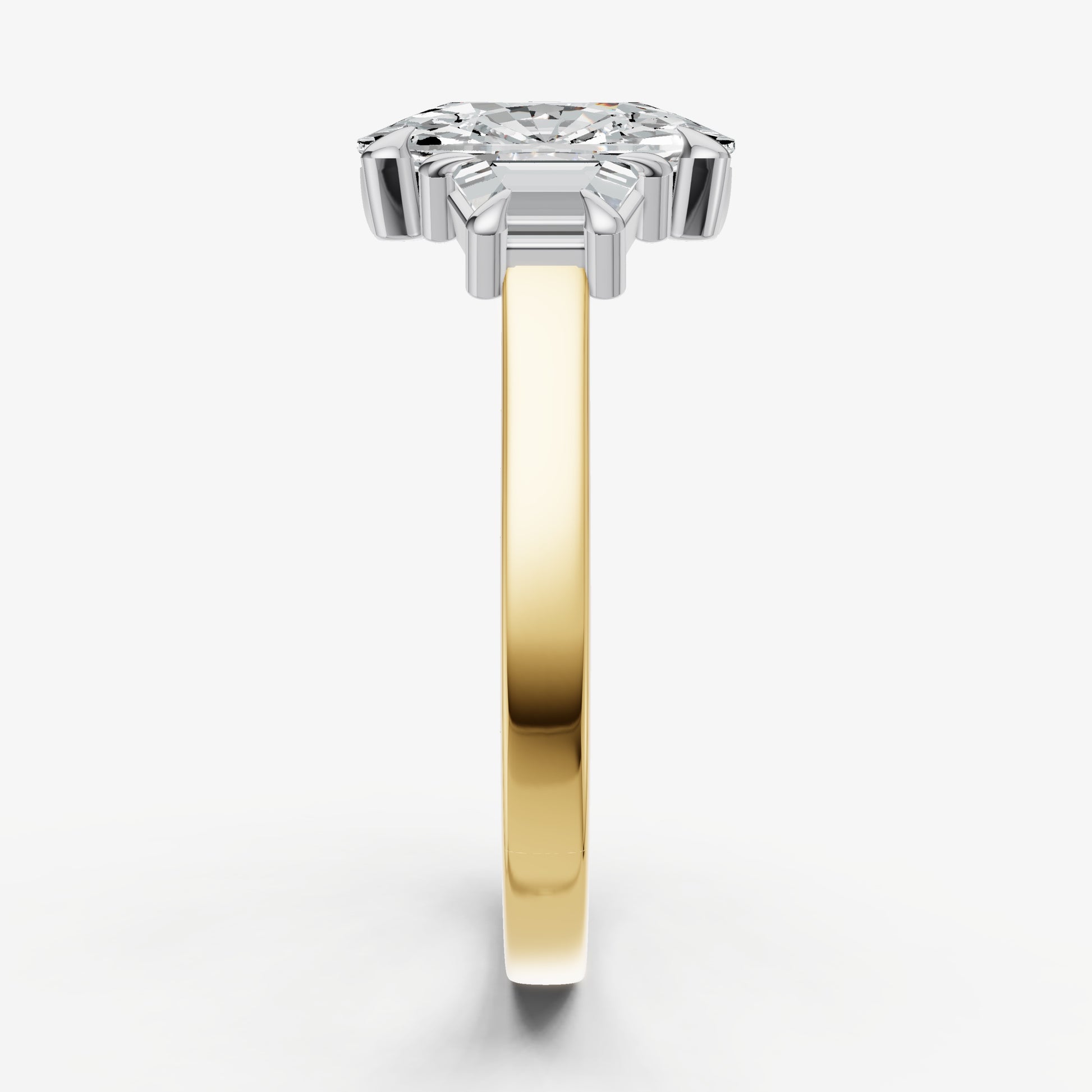 Elongated Cushion Trilogy Engagement Ring Set with Trapezoid Side Diamonds