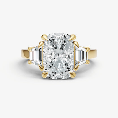 Elongated Cushion Trilogy Engagement Ring Set with Trapezoid Side Diamonds