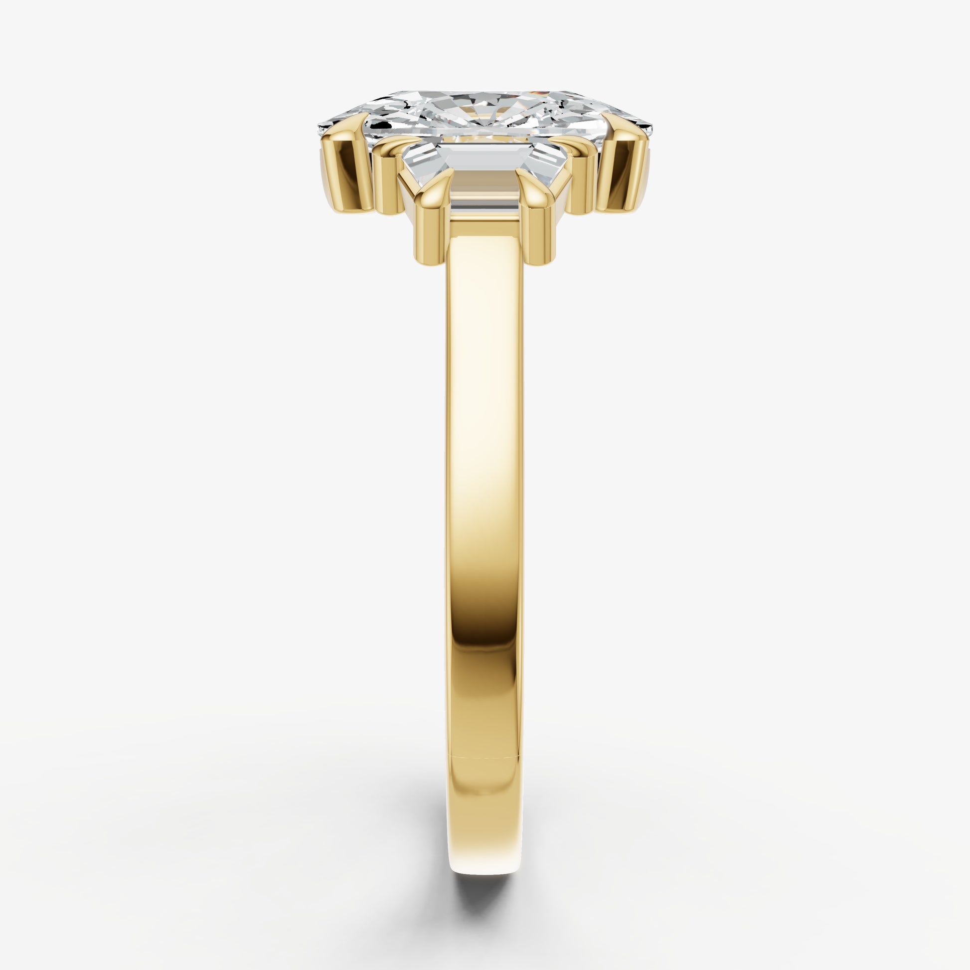 Elongated Cushion Trilogy Engagement Ring Set with Trapezoid Side Diamonds