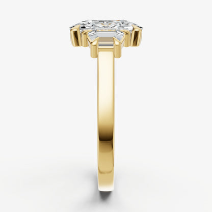 Elongated Cushion Trilogy Engagement Ring Set with Trapezoid Side Diamonds