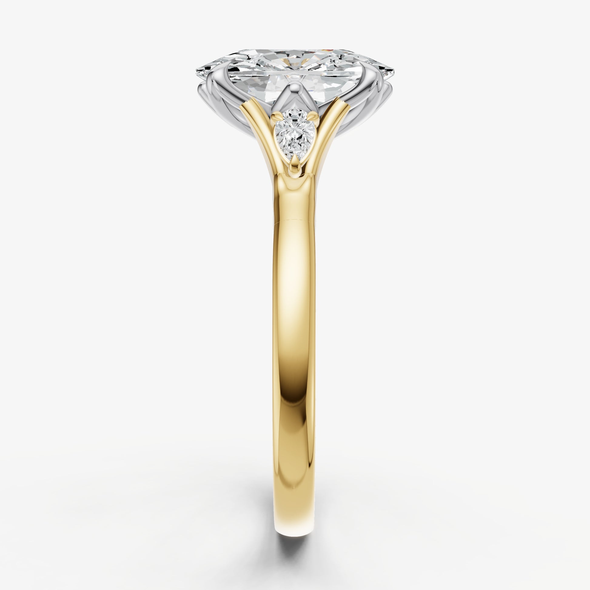 Elongated Cushion Old Mine Cut Vintage Ring with Pear Side Diamonds