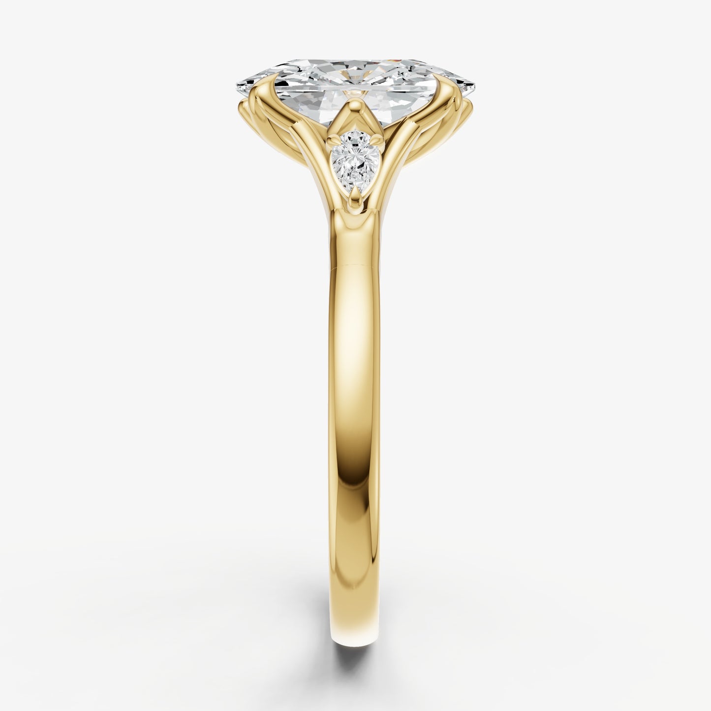Elongated Cushion Old Mine Cut Vintage Ring with Pear Side Diamonds