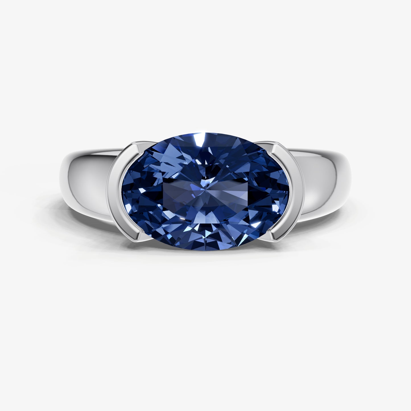 Blue Sapphire Half Bezel East-West Gemstone Engagement Ring
