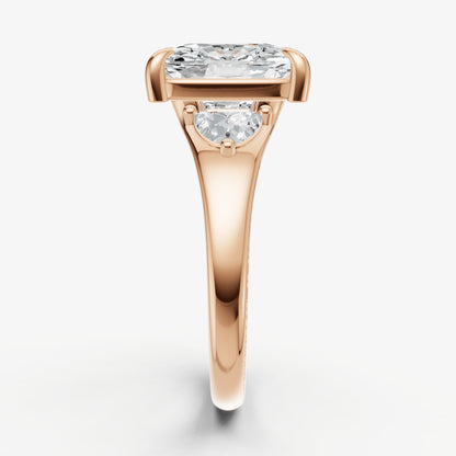 Elongated Cushion Engagement Ring with Half Moon Side Diamonds