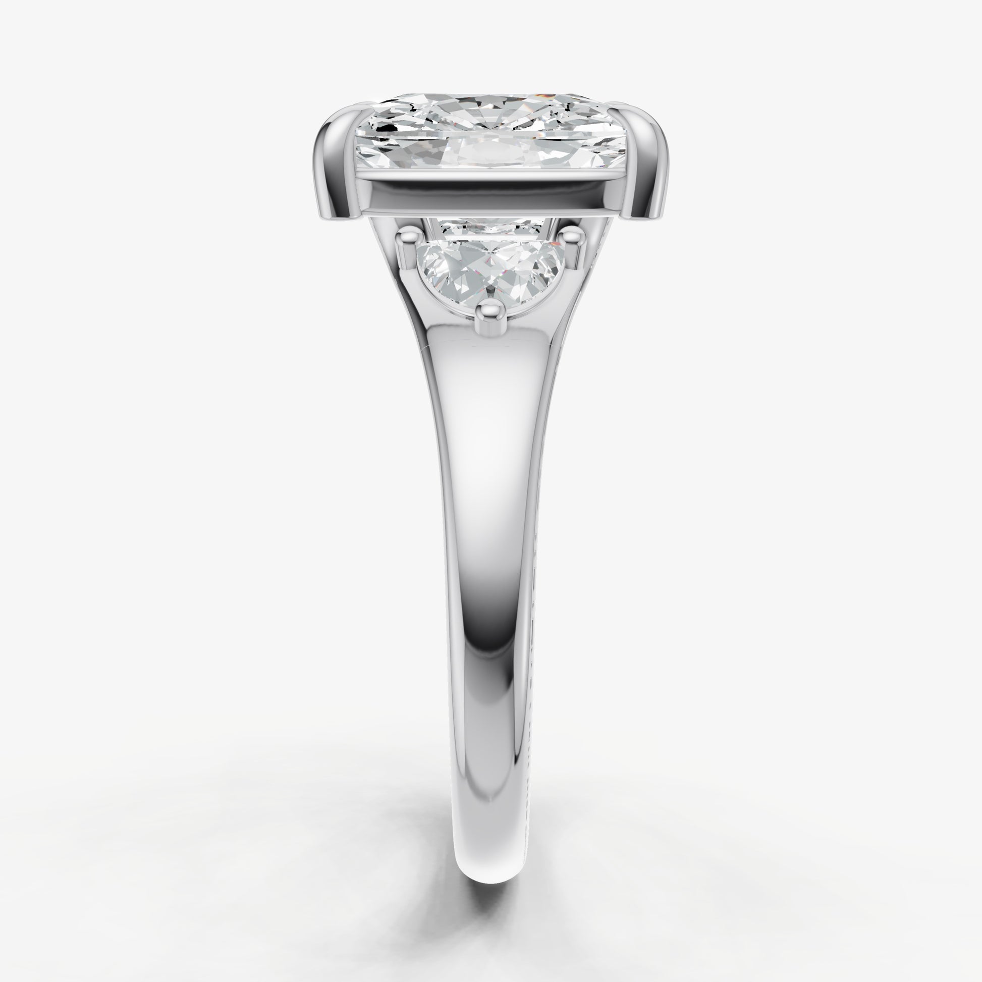 Elongated Cushion Engagement Ring with Half Moon Side Diamonds