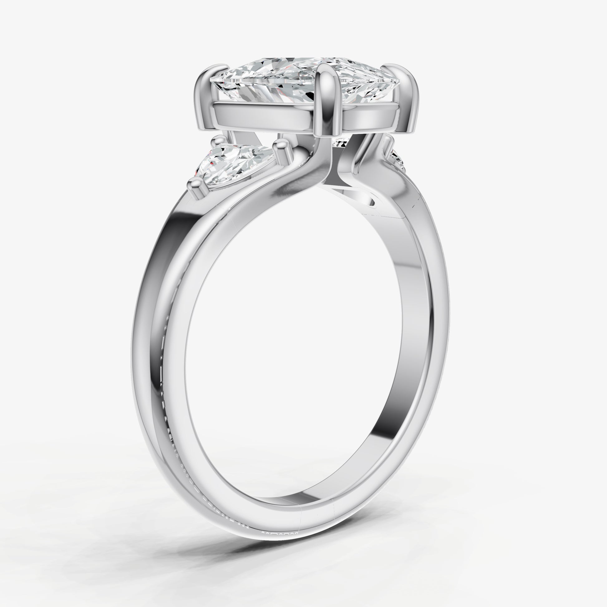 Elongated Cushion Engagement Ring with Half Moon Side Diamonds