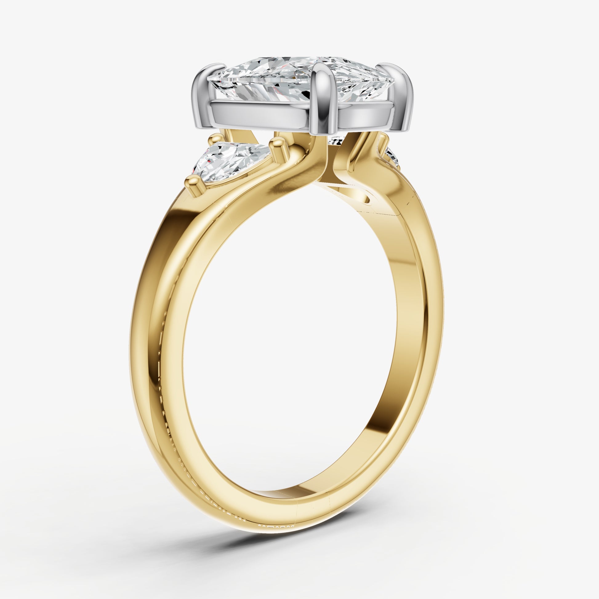 Elongated Cushion Engagement Ring with Half Moon Side Diamonds