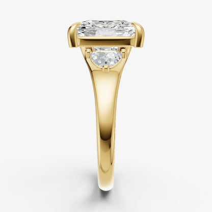Elongated Cushion Engagement Ring with Half Moon Side Diamonds