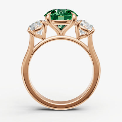 Emerald Round Trilogy Gemstone Engagement Ring with 0.50ct Side Stones