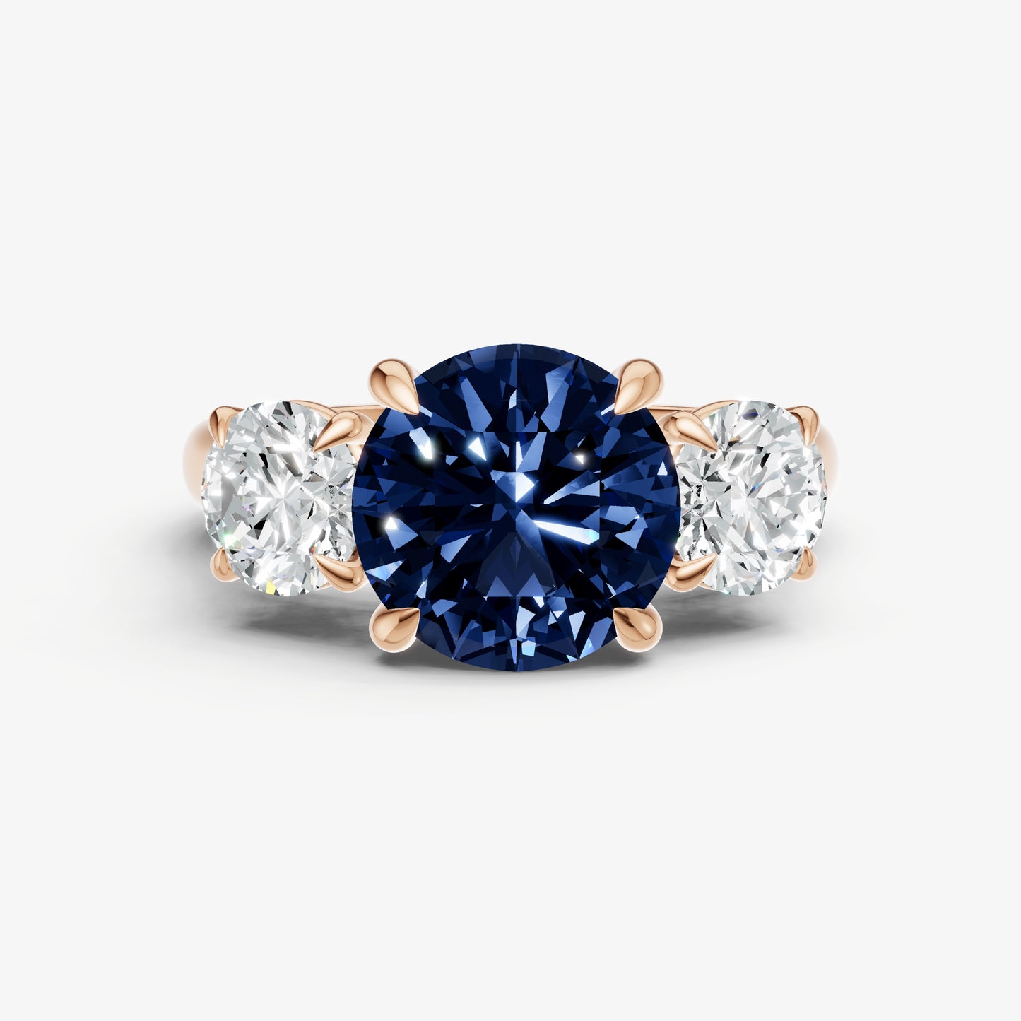 Blue sapphire Round Trilogy Gemstone Engagement Ring with 0.50ct Side Stones
