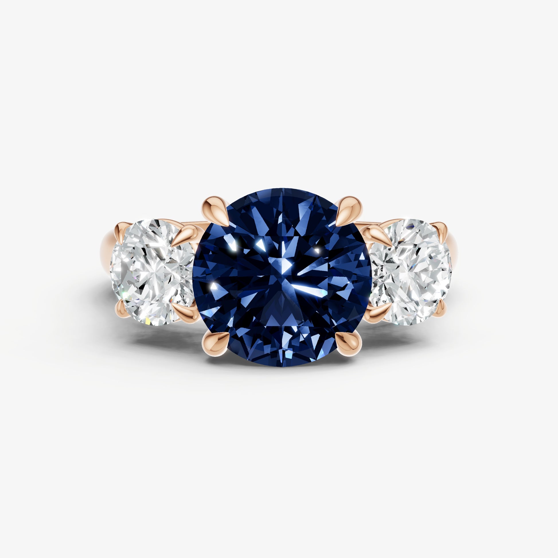 Blue sapphire Round Trilogy Gemstone Engagement Ring with 0.50ct Side Stones