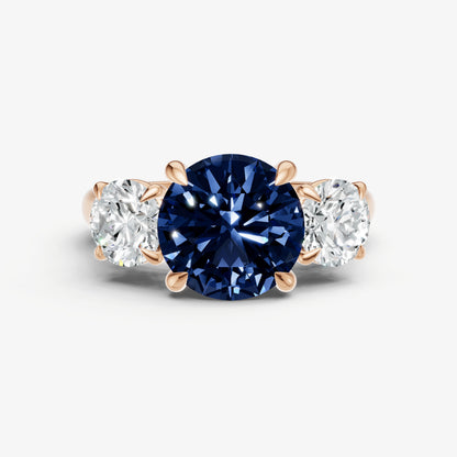 Blue sapphire Round Trilogy Gemstone Engagement Ring with 0.50ct Side Stones
