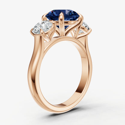 Blue sapphire Round Trilogy Gemstone Engagement Ring with 0.50ct Side Stones