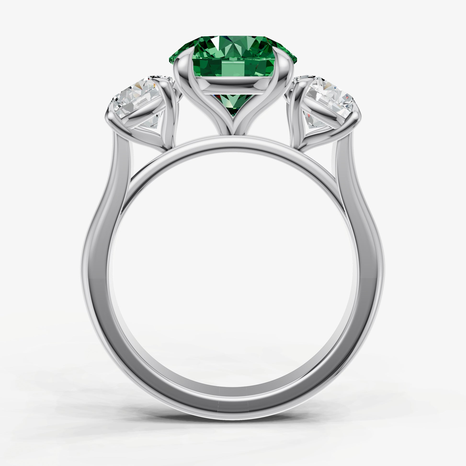 Emerald Round Trilogy Gemstone Engagement Ring with 0.50ct Side Stones