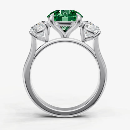Emerald Round Trilogy Gemstone Engagement Ring with 0.50ct Side Stones