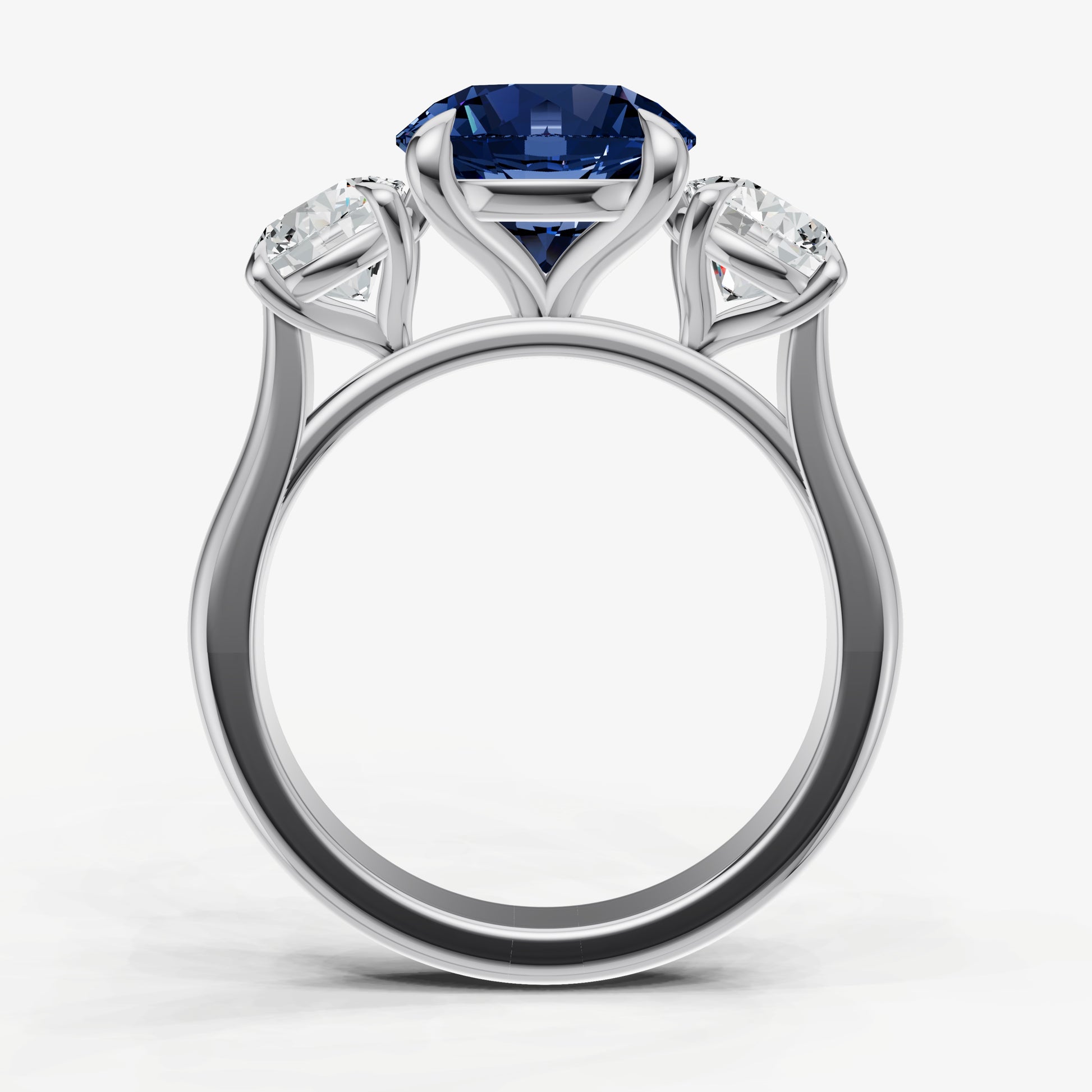 Blue sapphire Round Trilogy Gemstone Engagement Ring with 0.50ct Side Stones