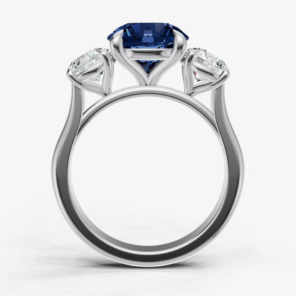 Blue sapphire Round Trilogy Gemstone Engagement Ring with 0.50ct Side Stones