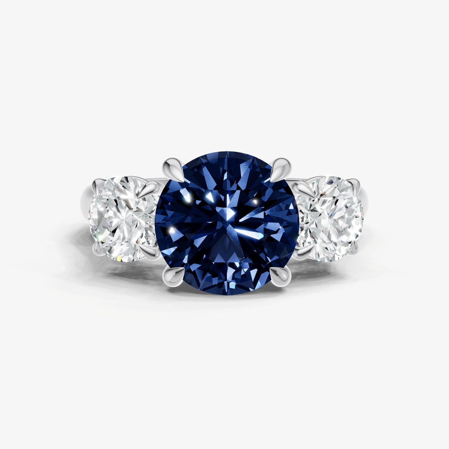 Blue sapphire Round Trilogy Gemstone Engagement Ring with 0.50ct Side Stones