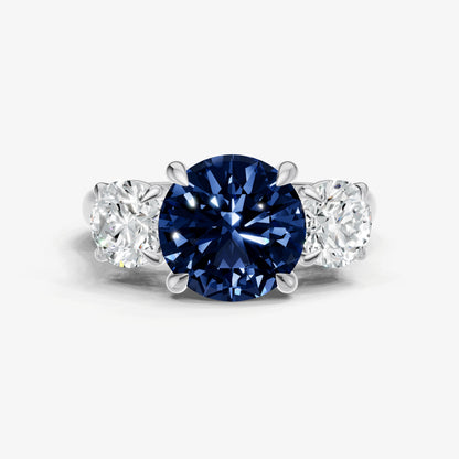 Blue sapphire Round Trilogy Gemstone Engagement Ring with 0.50ct Side Stones