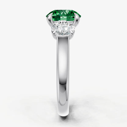 Emerald Round Trilogy Gemstone Engagement Ring with 0.50ct Side Stones