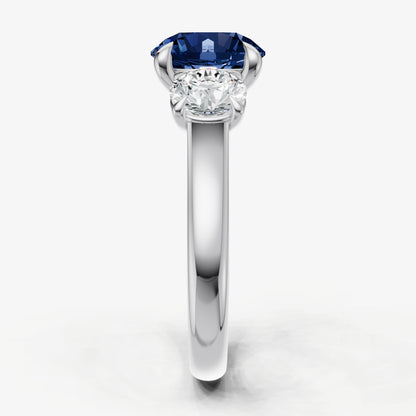 Blue sapphire Round Trilogy Gemstone Engagement Ring with 0.50ct Side Stones
