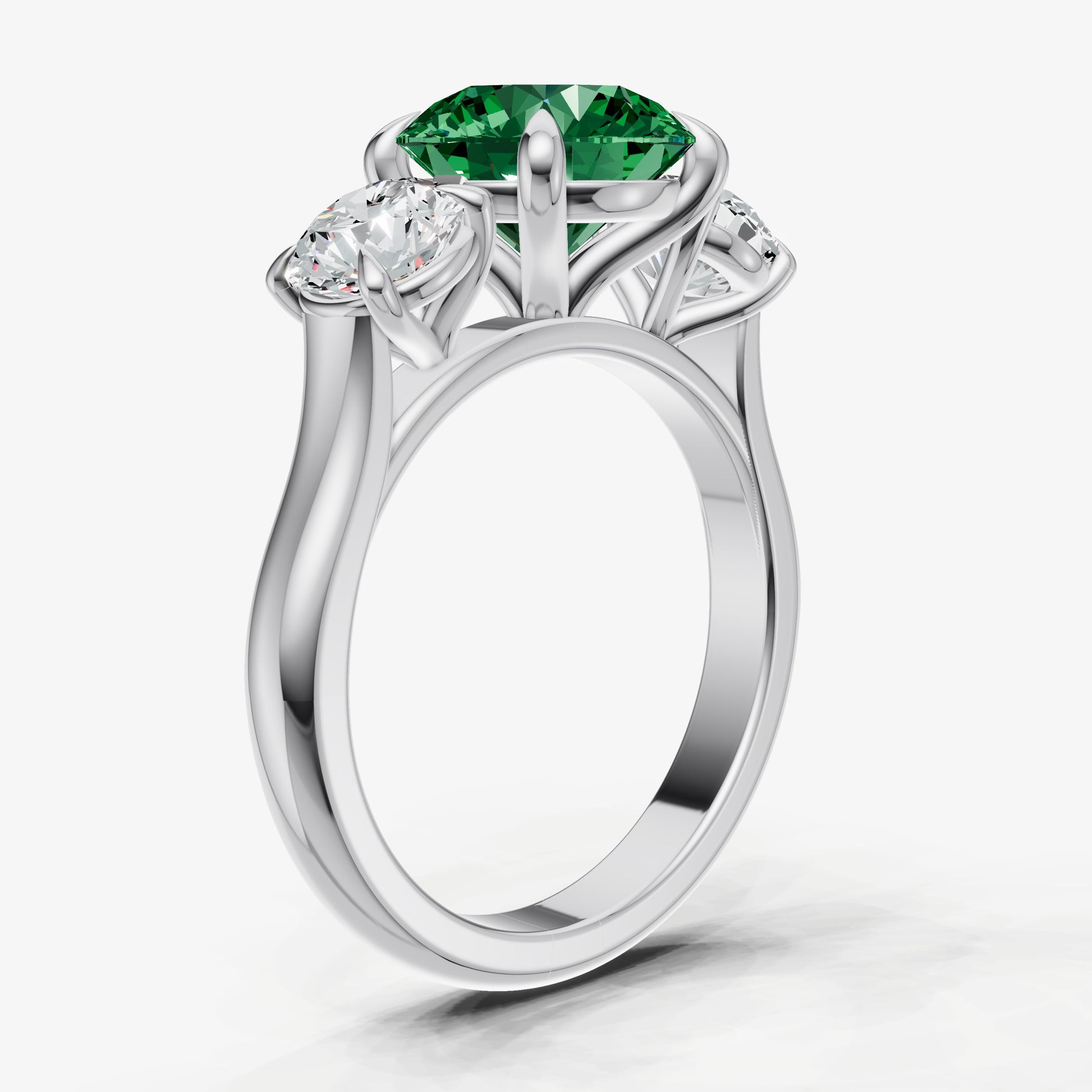 Emerald Round Trilogy Gemstone Engagement Ring with 0.50ct Side Stones