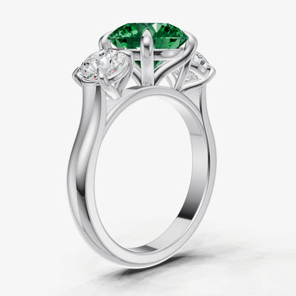 Emerald Round Trilogy Gemstone Engagement Ring with 0.50ct Side Stones