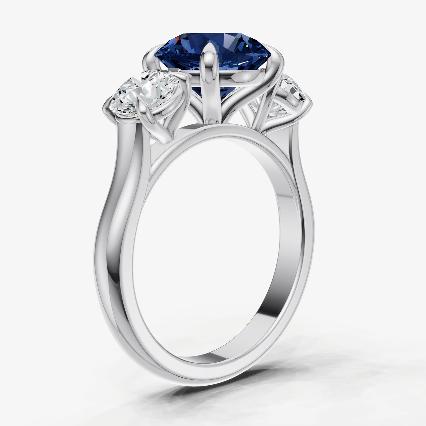 Blue sapphire Round Trilogy Gemstone Engagement Ring with 0.50ct Side Stones