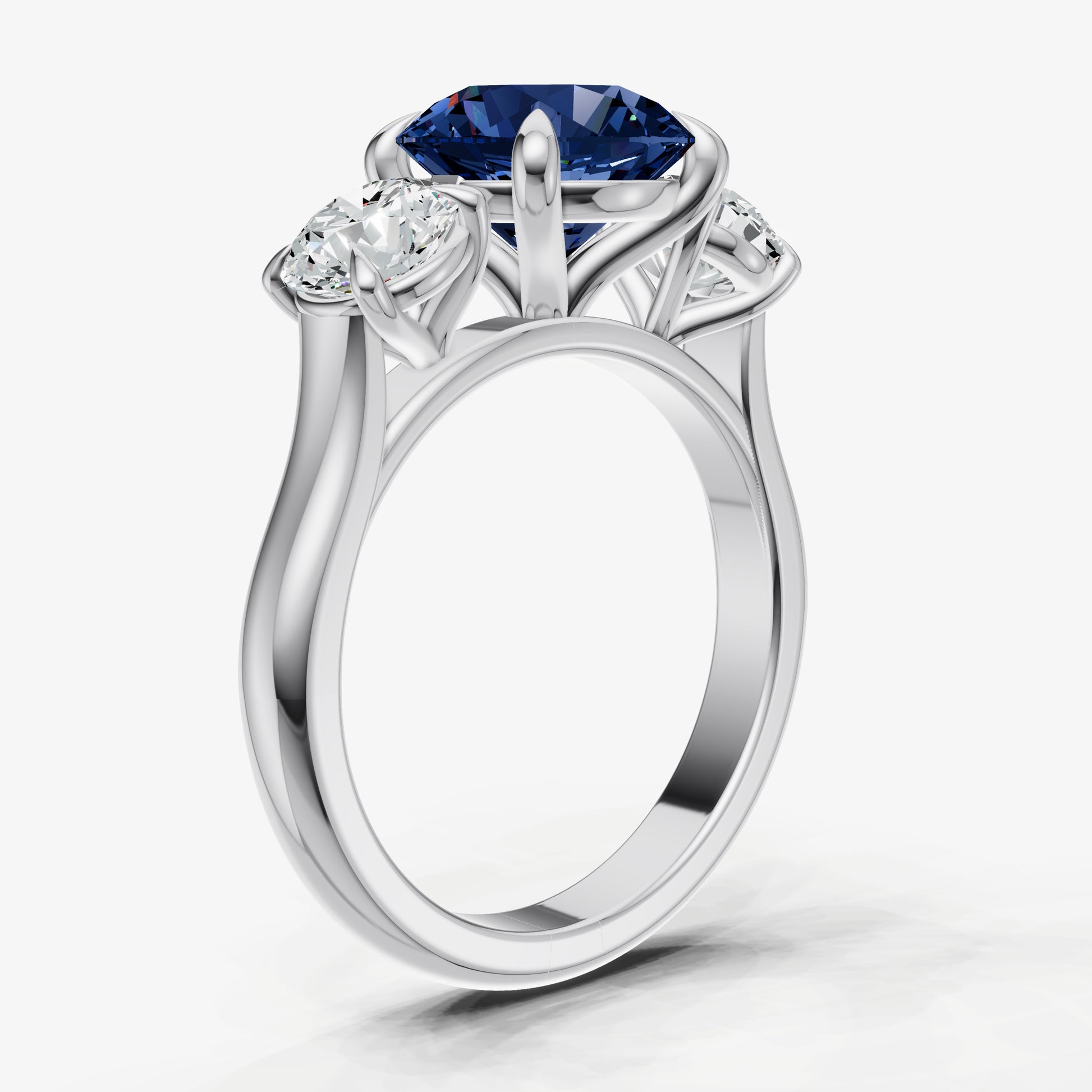 Blue sapphire Round Trilogy Gemstone Engagement Ring with 0.50ct Side Stones