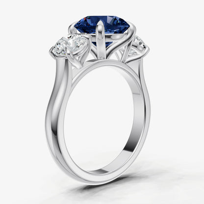 Blue sapphire Round Trilogy Gemstone Engagement Ring with 0.50ct Side Stones