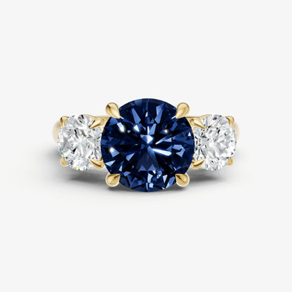 Blue sapphire Round Trilogy Gemstone Engagement Ring with 0.50ct Side Stones