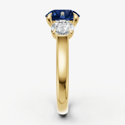 Blue sapphire Round Trilogy Gemstone Engagement Ring with 0.50ct Side Stones