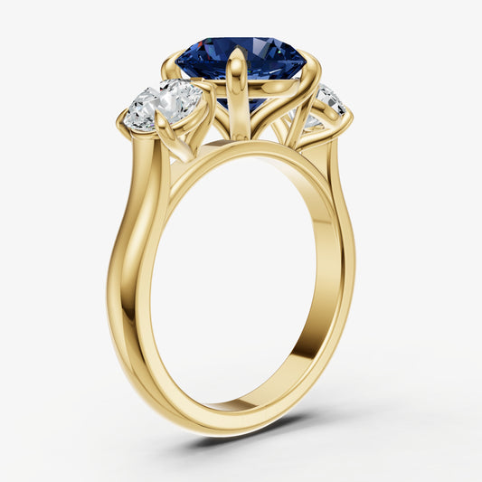 Blue sapphire Round Trilogy Gemstone Engagement Ring with 0.50ct Side Stones