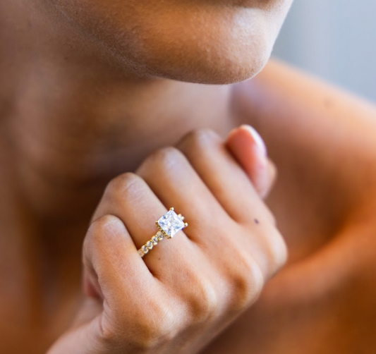 Hidden Halo Shared Prong Diamond Engagement Ring with Princess Cut Diamond