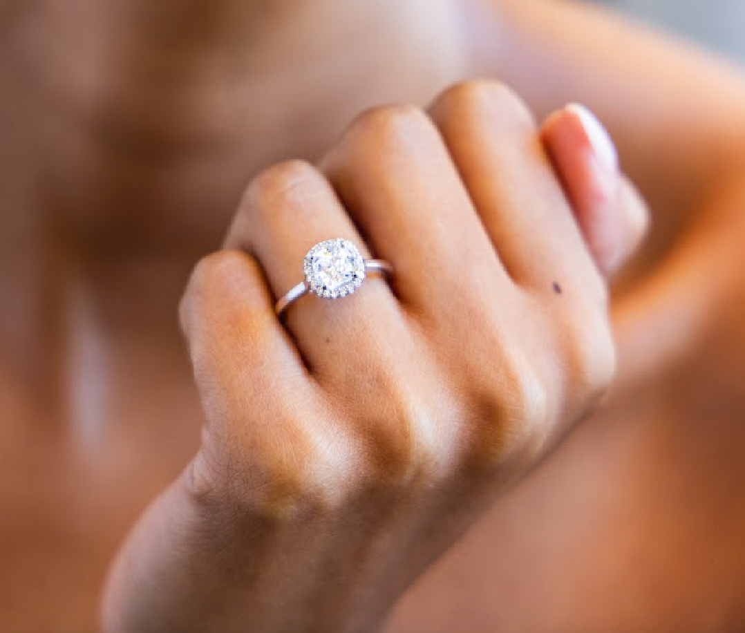Petite Halo Diamond Engagement Ring with Cushion Cut Diamond