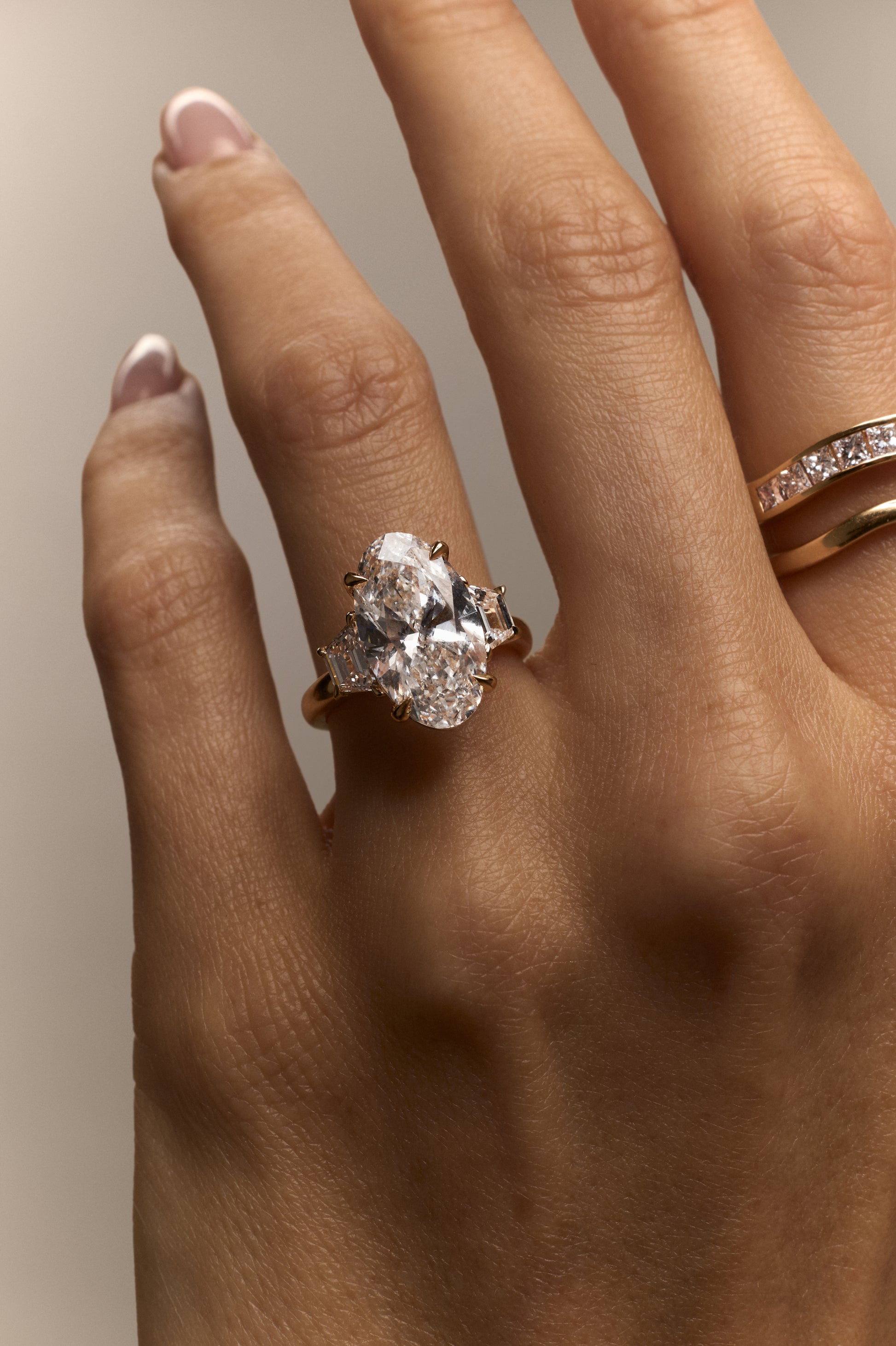 Oval Trilogy Engagement Ring Set with Trapezoid Side Diamonds